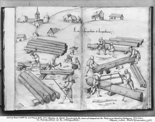 Mina de plata de La Croix-aux-Mines, Lorena, fol.2v y fol.3r, carpinteros y carpintería, c.1530